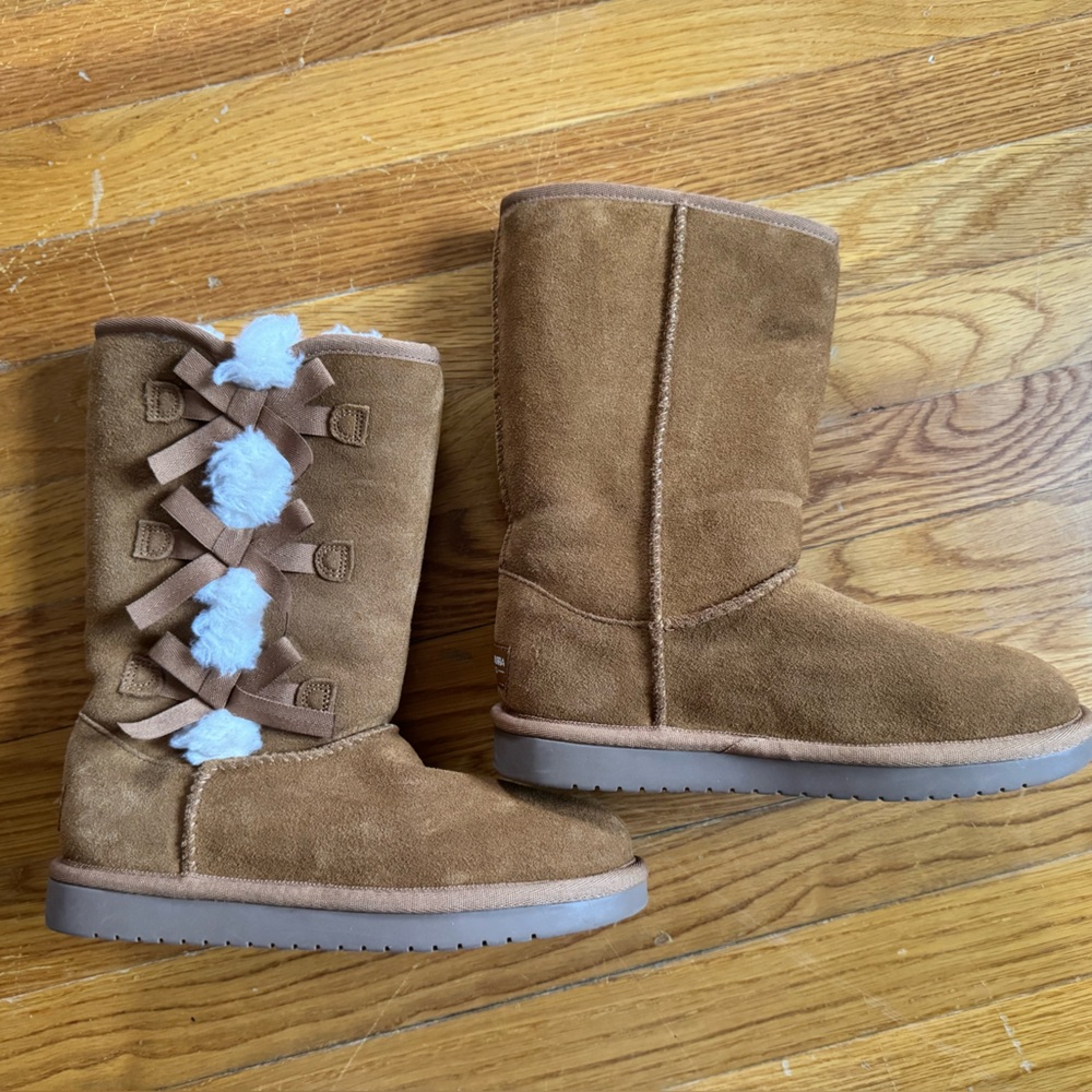 Koolaburra Tan Suede Kids Boots with White Pom Poms